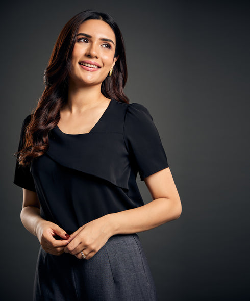 Solid Asymmetrical Neck Puff Sleeve Blouse